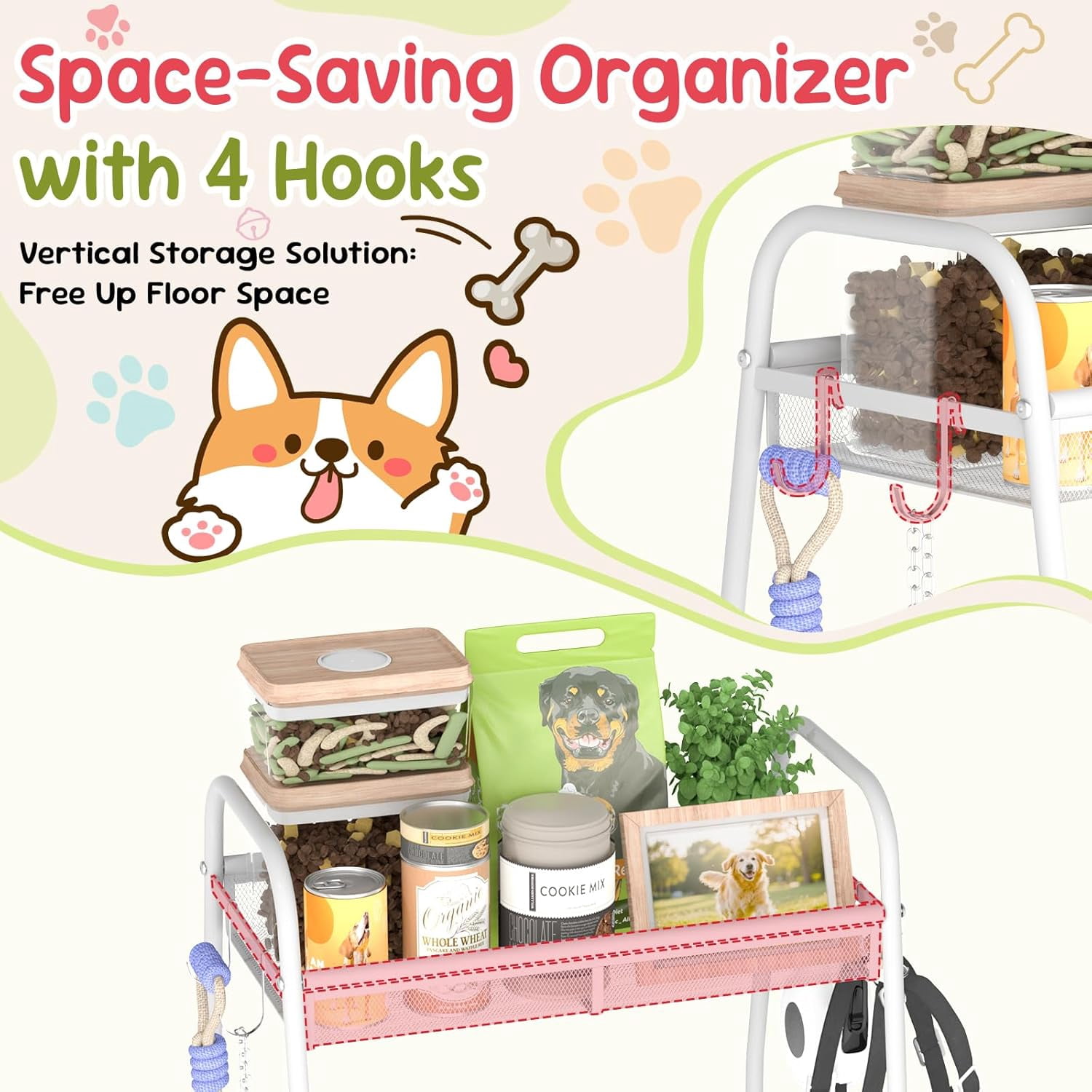 Indestructible Medium Dog Toy Basket - Rust Resistant Metal Wire Storage Organizer for Toys Food and Treats with Hooks