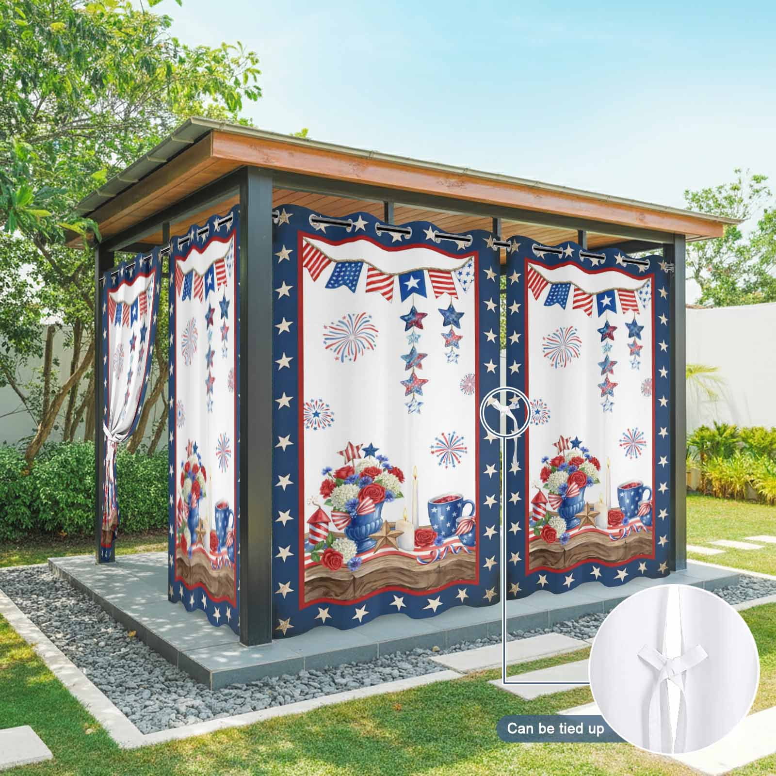 Independence Day Outdoor Curtains for Patio, Retro Red Blue USA Flag Floral Star Sunshade Privacy Drapes Grommet Waterproof Outside Curtains for Porch/Cabana/Balcony 54"x 108", 1 Panel