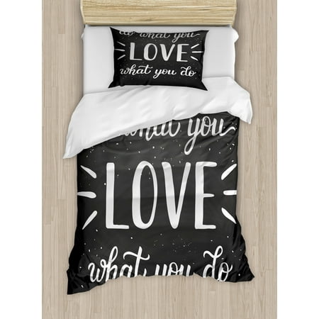 What Comes In A Duvet Set Love What You Do Duvet Cover Set, Hand Lettering Typography Composition with Dots and Stripes, Decorative Bedding Set with Pillow Shams, Charcoal Grey and White, by Ambesonne ()