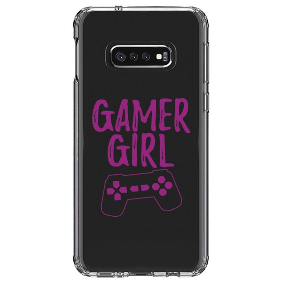 DistinctInk Clear Shockproof Hybrid Case for Samsung Galaxy S10e (5.8" Screen) - TPU Bumper Acrylic Back Tempered Glass Screen Protector - Gamer Girl - Video Games