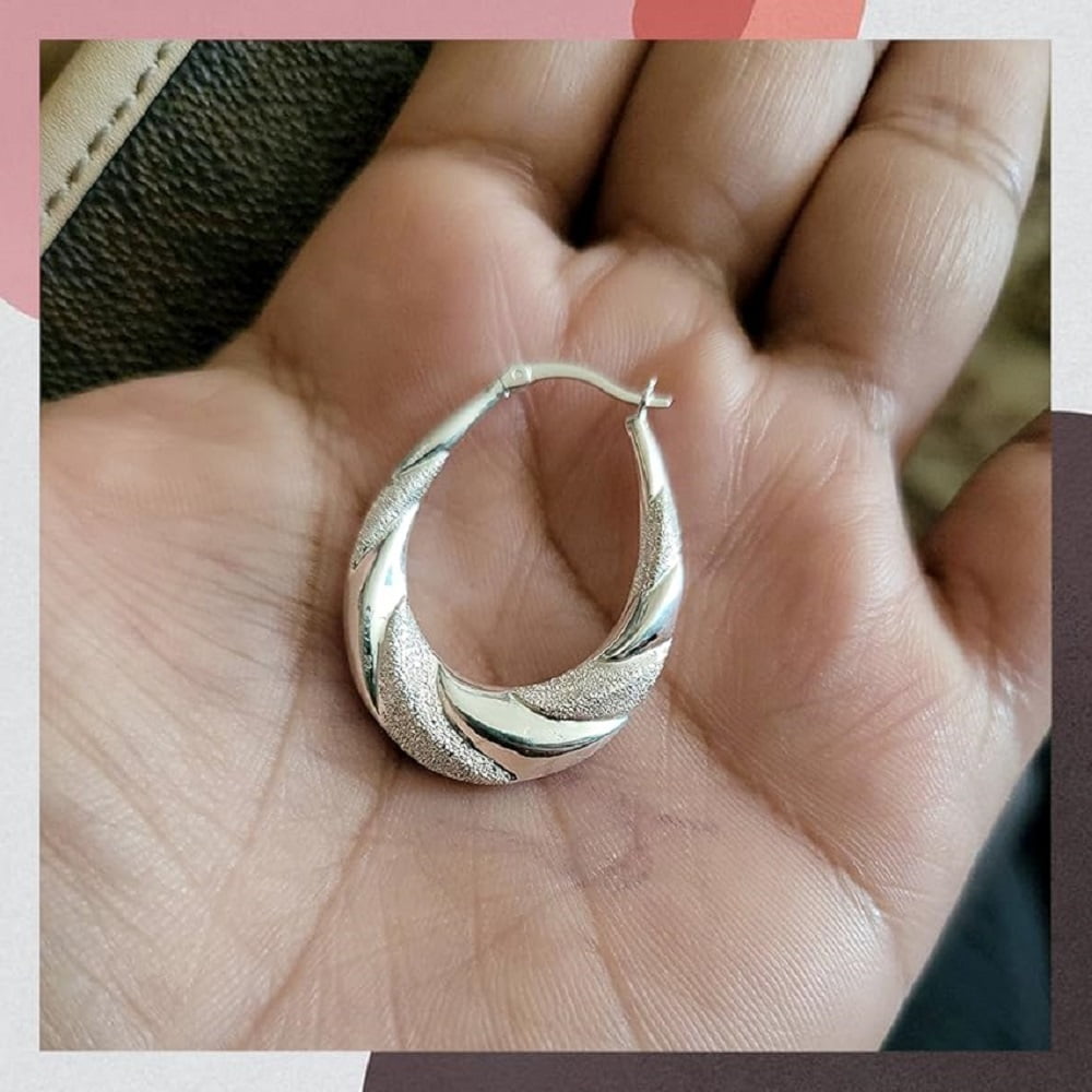LeCalla 925 Sterling Silver Hypoallergenic Shrimp Classic Diamond-Cut Click Top Oval Hoop Earrings for Women and Teen 38MM