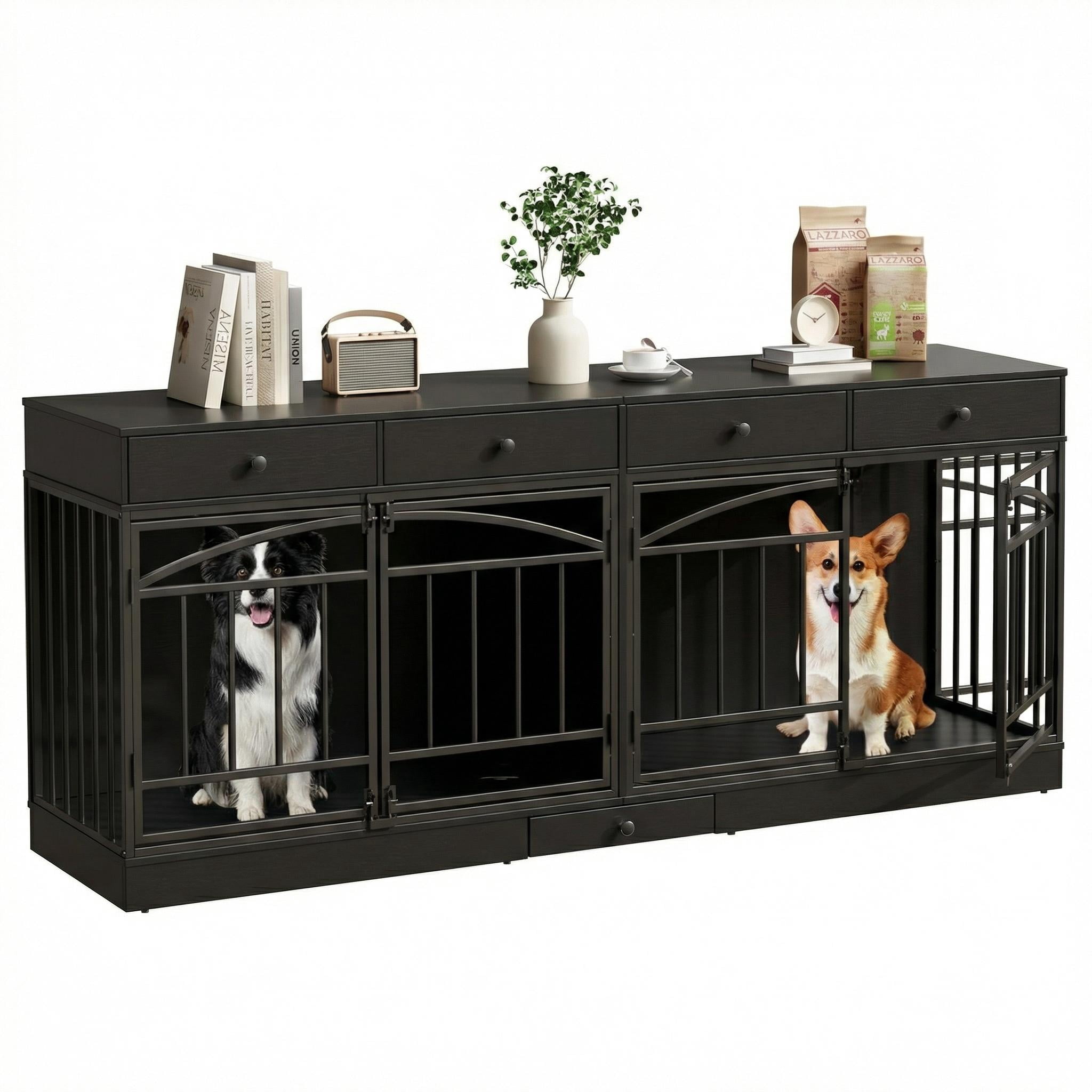 Dog Crate Furniture for 2 Dogs, Dog Kennel Indoor with 4 Storage Drawers and Feeding Bowls, Double Dog Crate TV Stand for Small Medium Dogs, Black