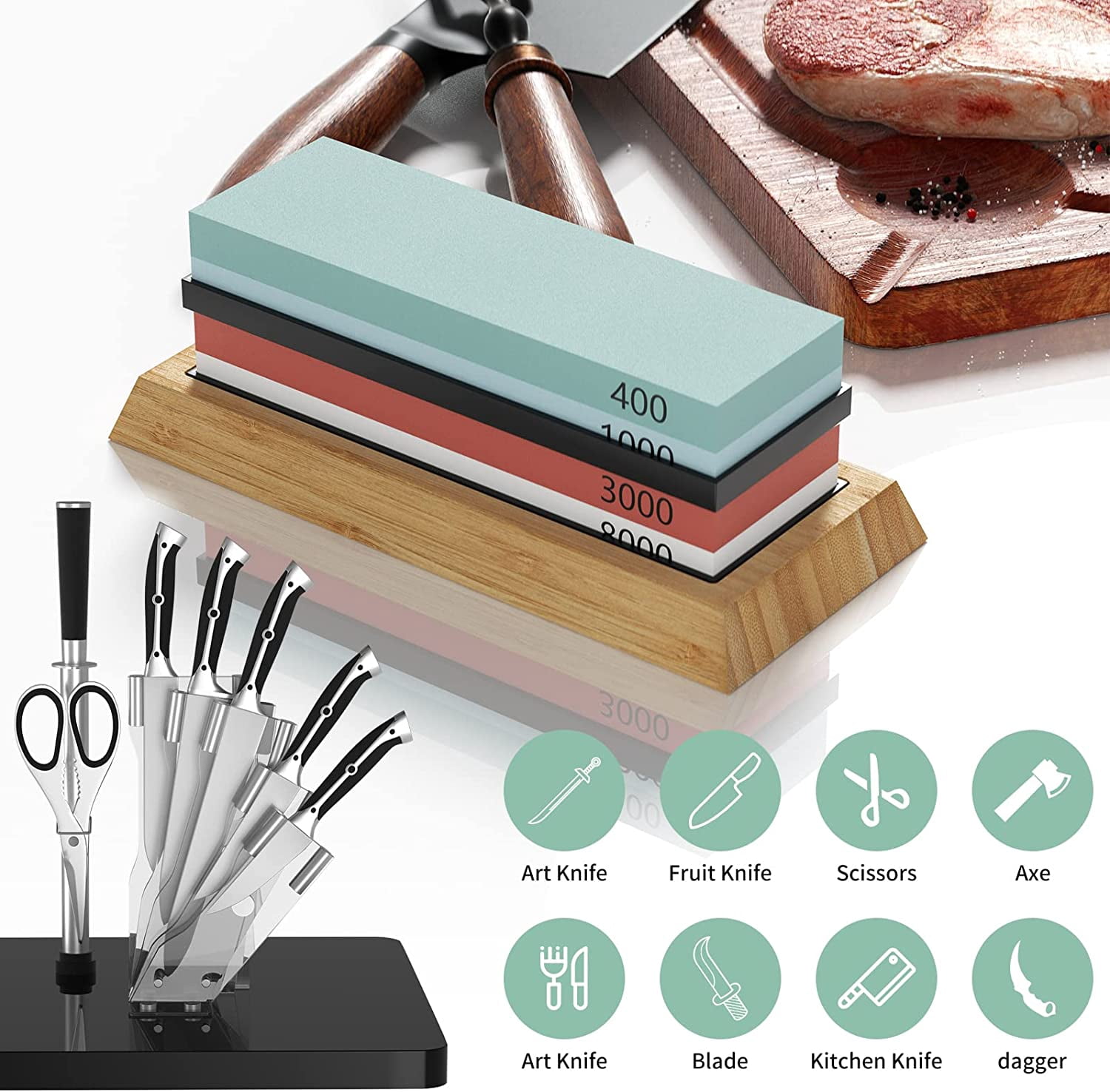 Whetstone Knife Sharpening Stone 4 Side Grit 400/1000 3000/8000 Waterstone, Whetstone Knife Sharpener, Sharpening Stone Whetstone Set with Bamboo Base, Flatting Stone, Angle Guide & Leather Strop