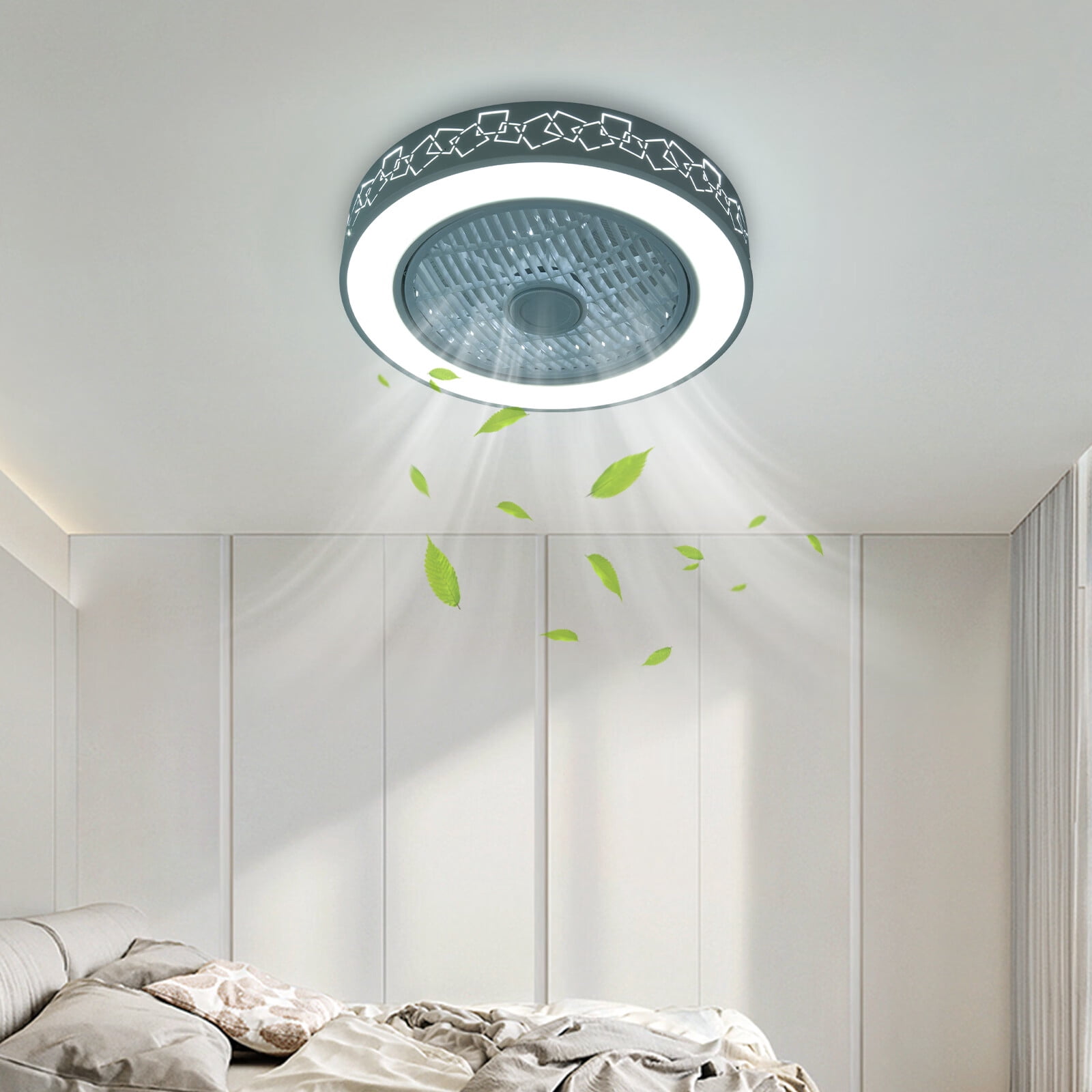 Dimmable LED Ceiling Fan Light Enclosed Round Pendant Fan Lamp w/Invisible Blades 3-Color 6-Speed Ceiling Fan Chandelier 110V