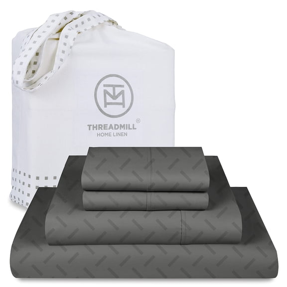 Threadmill Cotton Full Size Sheet Set | 100% Cotton Sheets for Full Size Bed | Damask Jacquard Full Bed Sheets Set with 16” Deep Pocket | Soft Sateen Weave 4-Piece Cooling Bedding Set | Dark Grey