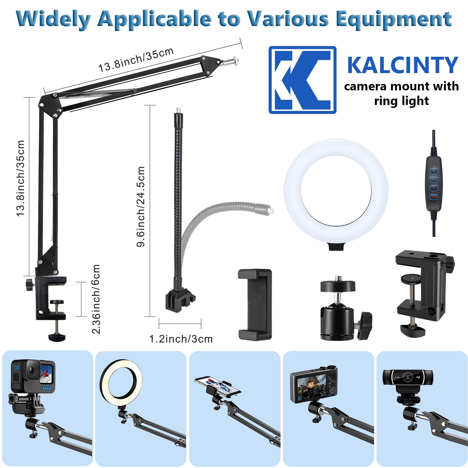 Kalcinty Camera Mount with Ring Light Overhead, 6" LED Ring Light, Flexible Articulating Arm Compatible with iPhone, Logitech Webcam, Computer Tripod for YouTube Live Stream Cooking Video Recording