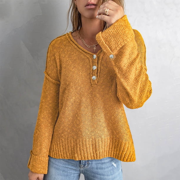 Puntoco Suéter Mujer Casual Soild Manga Larga Botón Punto Jersey V-Cuello Suéter Abrigo Navidad Liquidación Puntoco Puntoco-5862