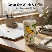 Topadorn Vintage Goldfinch Botanical Ceramic Travel Mug, 17oz, Bird & Floral Print, Spill-Resistant Lid, Microwave & Dishwasher Safe, Gift Boxed