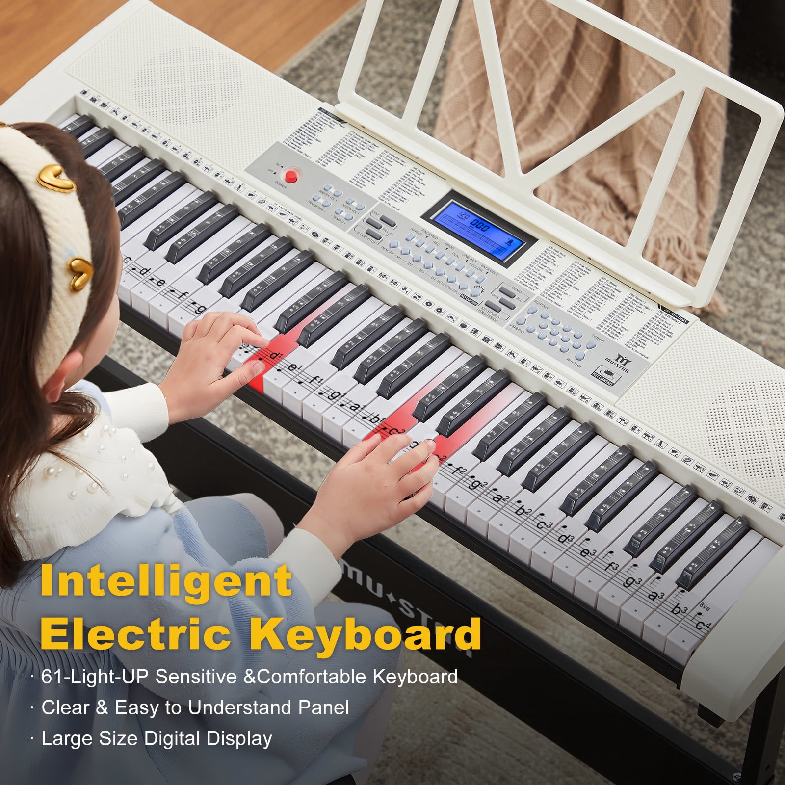 Mustar 61 Key Electric Lighted Keyboard Piano with 255 Tones/Rhythms, Smart Learning System, Headphone, Microphone, Keyboard Stand, Stool, Stickers (White)
