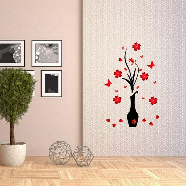 3D Vase Flower Wall Murals Acrylique Wall Sticker Originality Sticker DIY  Fleur et Vase Sticker Mural Décoration Murale pour Salon Chambre Décoration  TV Mur Fond Canapé Toile de Fond (Rouge, 39 x