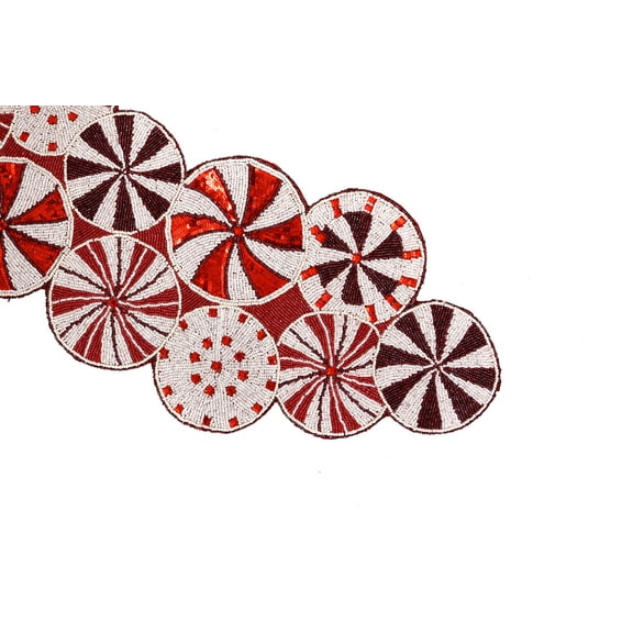 Handmade Table Runner, Christmas Candy Table Runner, Beaded Table Runner, Red And White Table Topper 13X36 Inches
