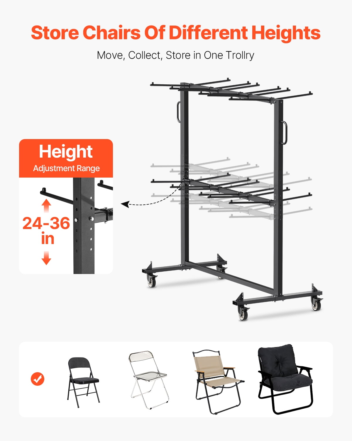 VEVOR Folding Chair Rack, 800 LBS Capacity, Heavy-duty Chair Cart for 84 Chairs/ 12 Tables+42 Chairs, Dual-layer Chair Storage Dolly with Rubber Wheels and Holders, Large Chair Holder, Matte Black