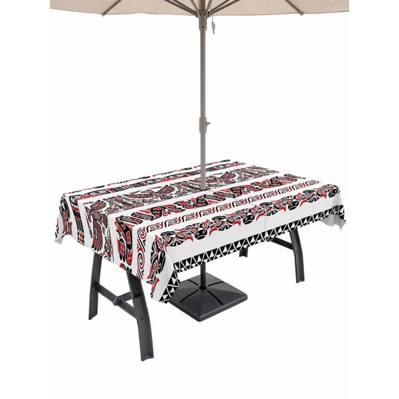 Outdoor Tablecloth with Umbrella Hole for Patio/Picnic/Party/Camping, Red Vintage Boho Waterproof Table Cloth Rectangle Table Cover Washable, Farmhouse Ethnic Tribe Classic (52"x 70")
