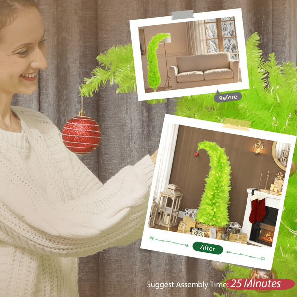 5FT Whimsical Pencil Christmas Tree, Pre-Lit with 200 Warm White LEDs, 438 Branch Tips, Metal Base for Small Spaces or Apartments