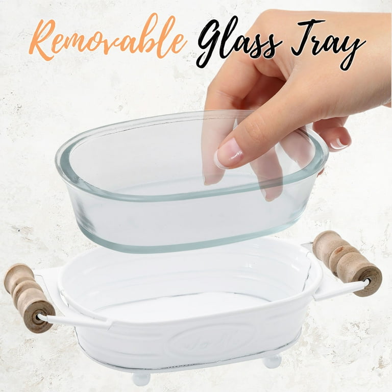 Autumn Alley Farmhouse Soap Dish - Matte Black With Wood Handles, Rustic Bathroom Or Kitchen Soap Tray With Glass Liner