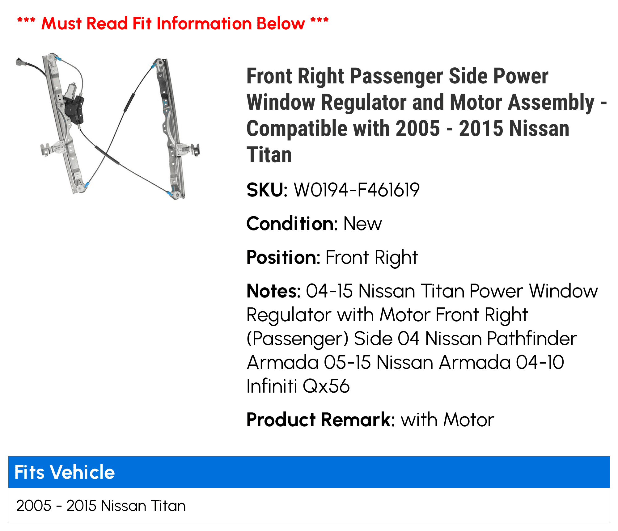 Power Window Regulator with motor for Nissan Titan 04-15 Armada 05-15 Rear Left Power Window Regulator with motor for Nissan Titan 04-15 Armada 05-15 Rear Left
