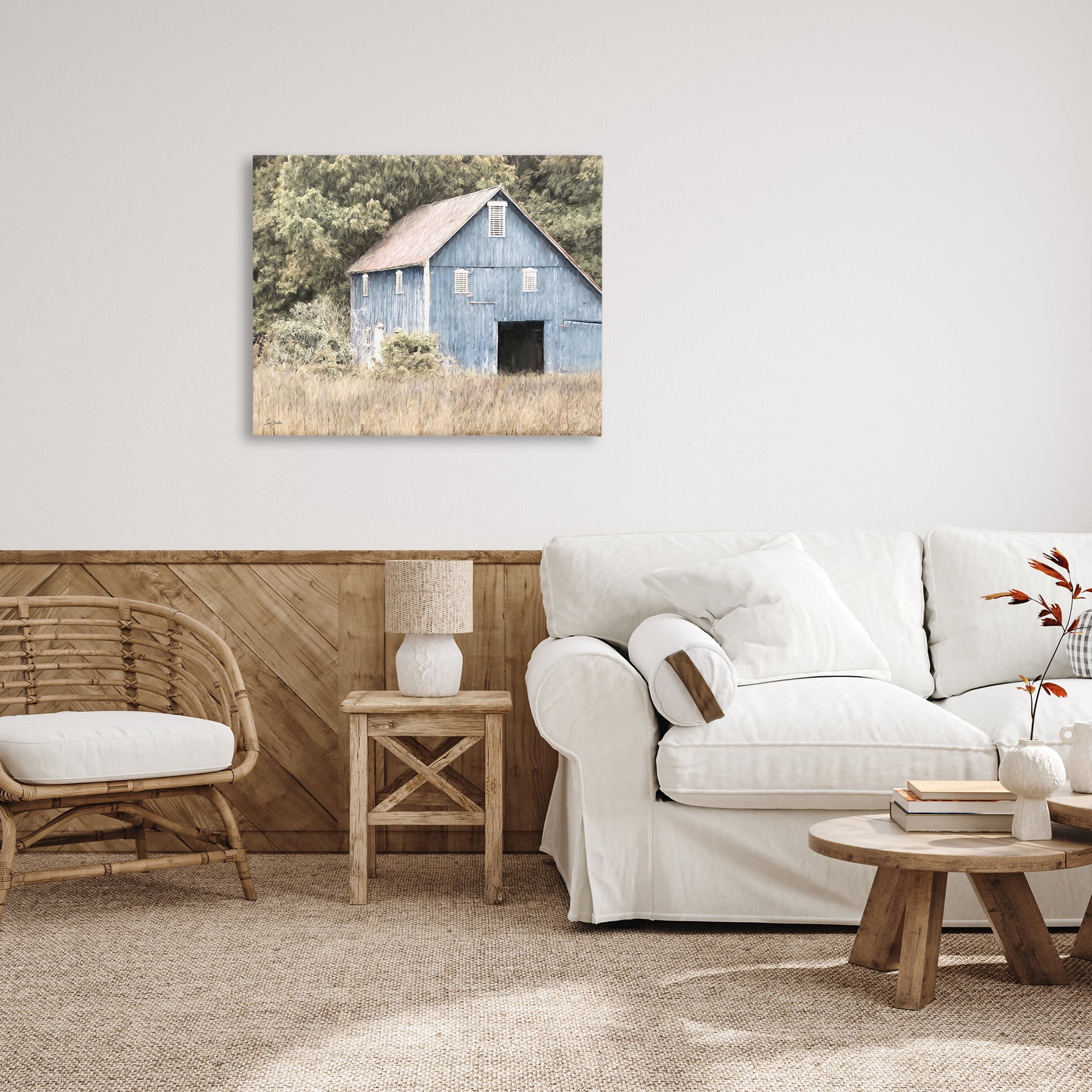 Stupell Industries Rustic Blue Barn Landscape Painting Gallery Wrapped Canvas Art Print Wall Art, 40 x 30