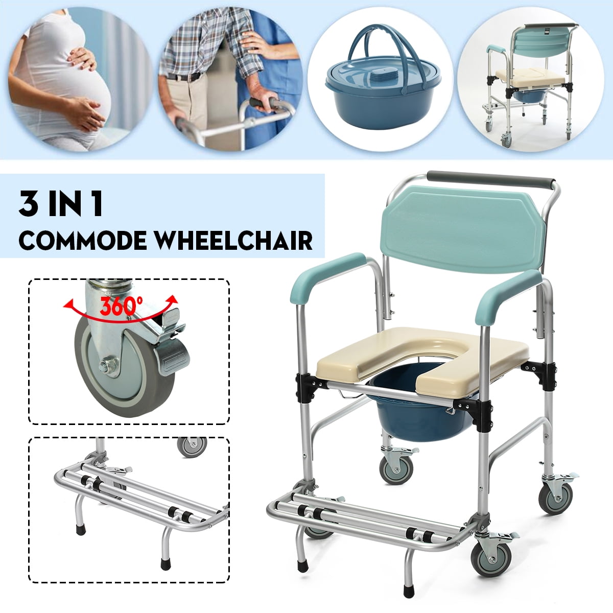 Aluminum Alloy Commode Wheelchair Waterproof Toilet Shower Seat Potty