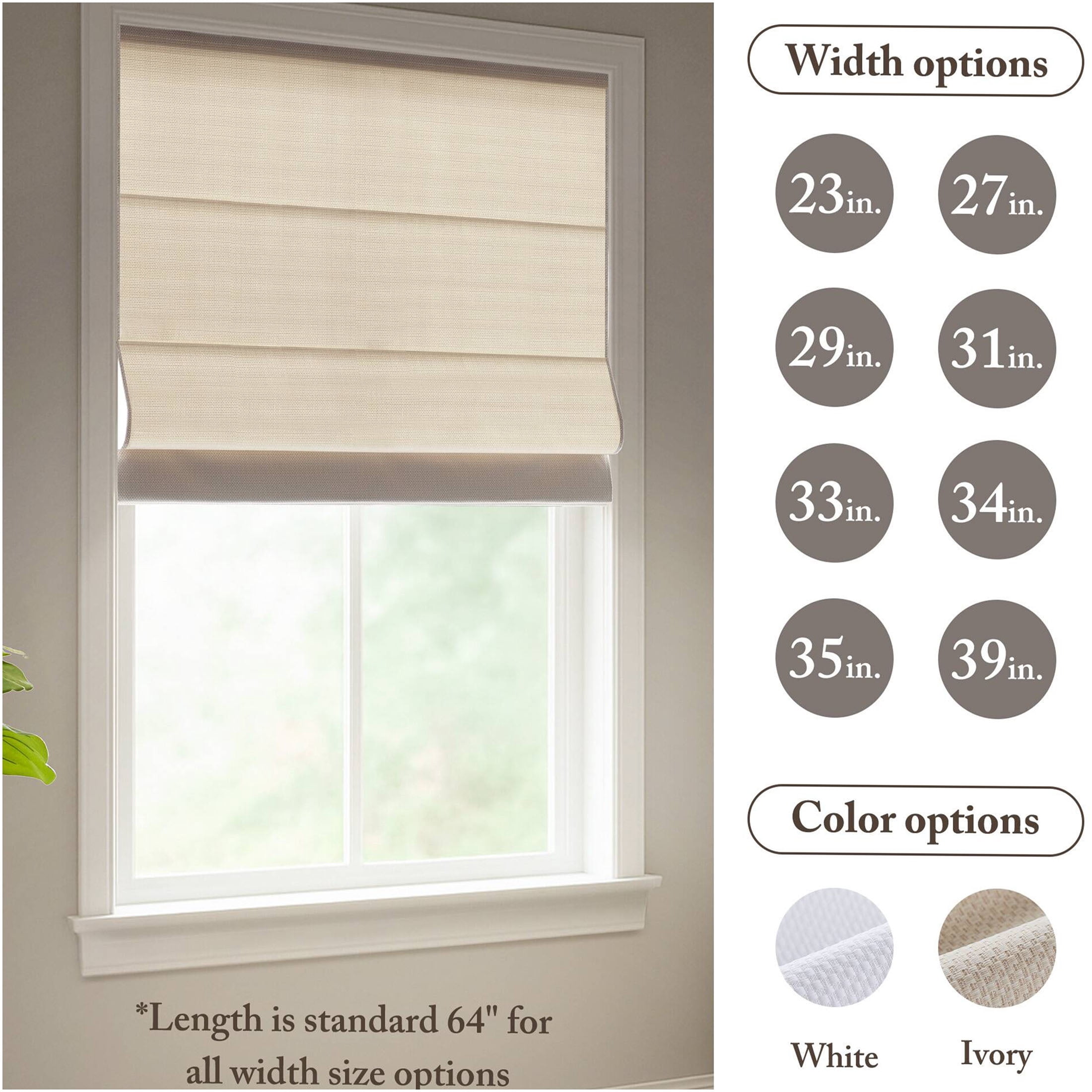 JERFIT 64" Ivory Cordless Roman Shade, Polyester Blackout Window Blinds with Thermal Insulation for Privacy, 23" Width