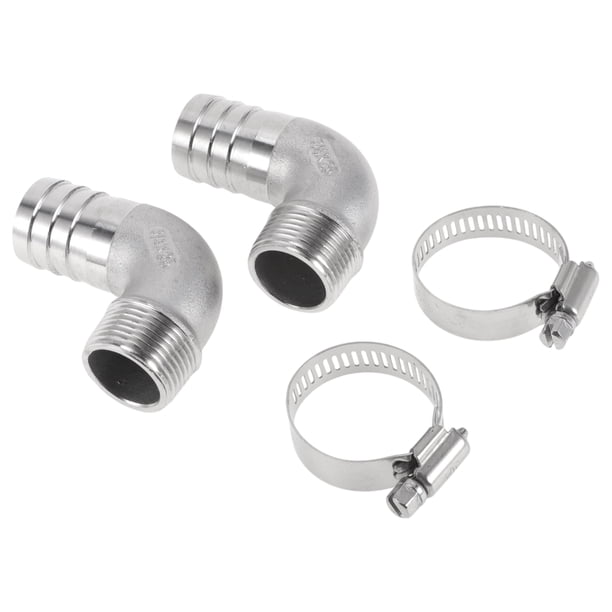 Conectores de manguera Unique Bargains con 2 abrazaderas, conector de codo de 90 grados para aire, agua, aceite, gas, combustible, acero inoxidable 63/64" OD 3/4" BSPT 1 juego tono plateado