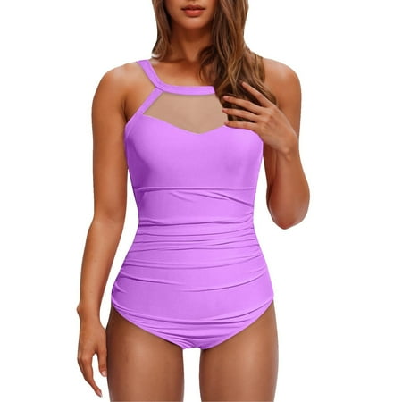 Dezsed Women s One Piece Swimsuit High Neck Backless Ruched Tummy Control Swimwear Bathing Suit Sexy Mesh Swimwear Clearance Light Purple M