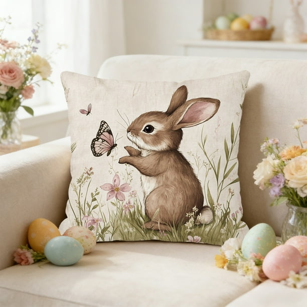 Fundas de cojín decorativas con diseño de conejos y huevos de Pascua para sofá, sofá, decoración de Pascua, funda de almohada de lino.