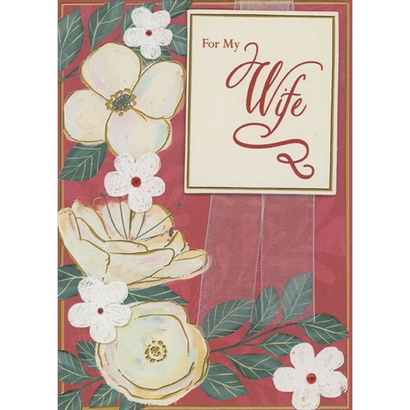 Designer Greetings Rectangular 3D Die Cut Banner, White Ribbons, Cream Flowers and Red Sequins Hand Decorated Valentine's Day Card for Wife