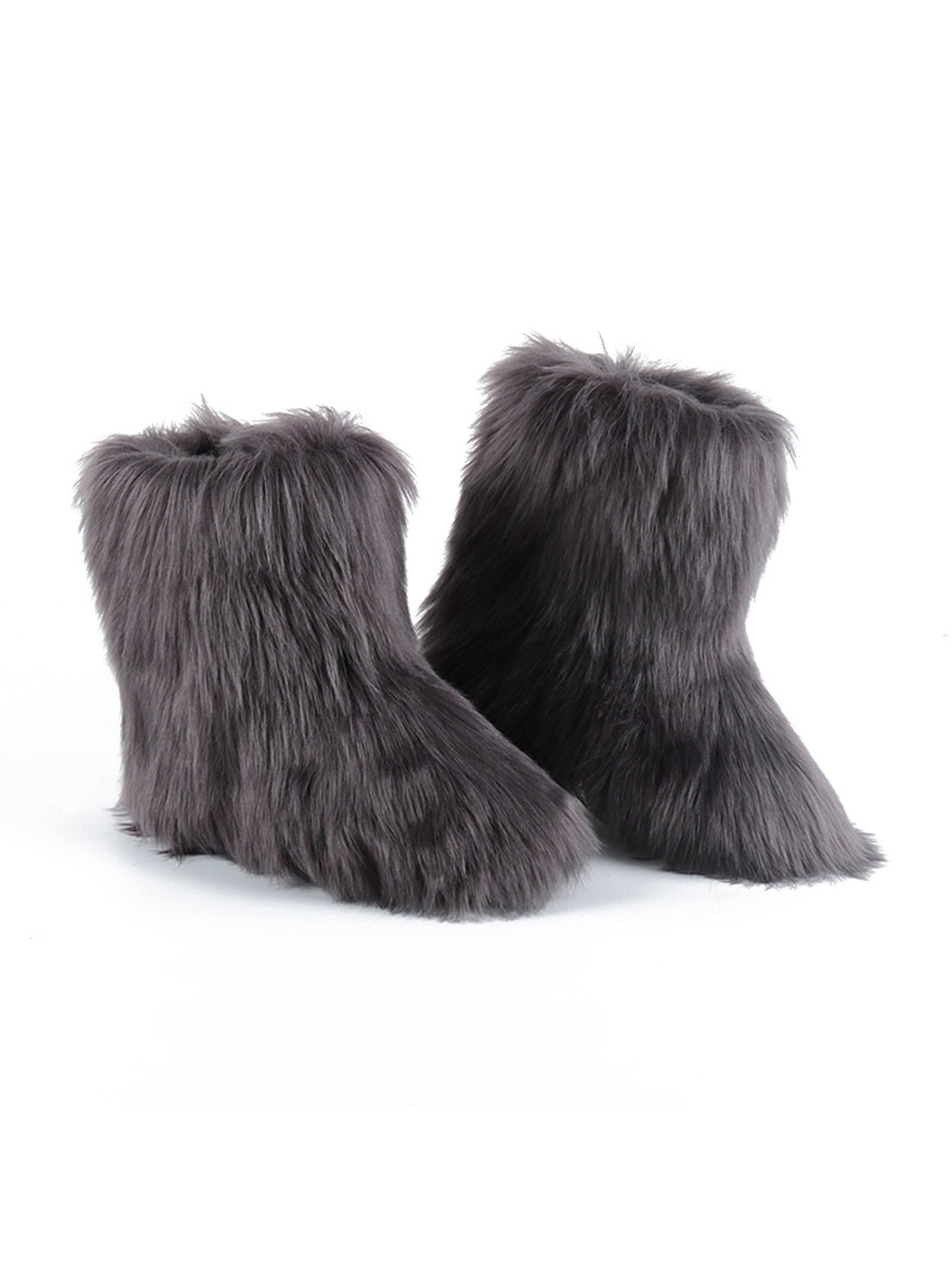 Womens Pull On Furry Flat Fur Boots Snow mid-calf boots Warm casual Shoes 