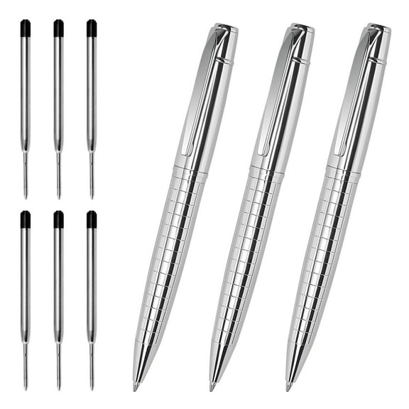 Ballpoint Pens Bulk - 1.0 mm Medium Point Metal Pens for Journaling Gift Business Men Police Flight Attendants, 3 Nice Pens with 6 Refills (Sliver)