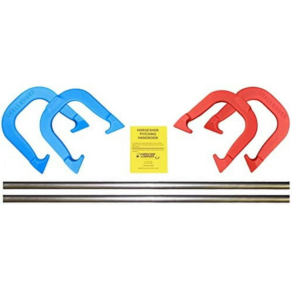 Challenger Professional Pitching Horseshoes- Made in The USA (Red & Blue- Complete Game Set (4 Shoes, 2 Stakes & Rule Book))