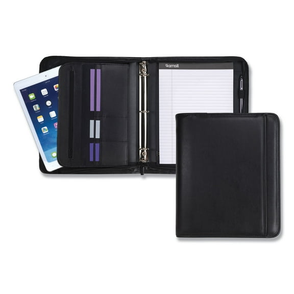 Samsill Professional Zippered Pad Holder/Ring Binder, Pockets, Writing Pad, Vinyl Black -SAM15650
