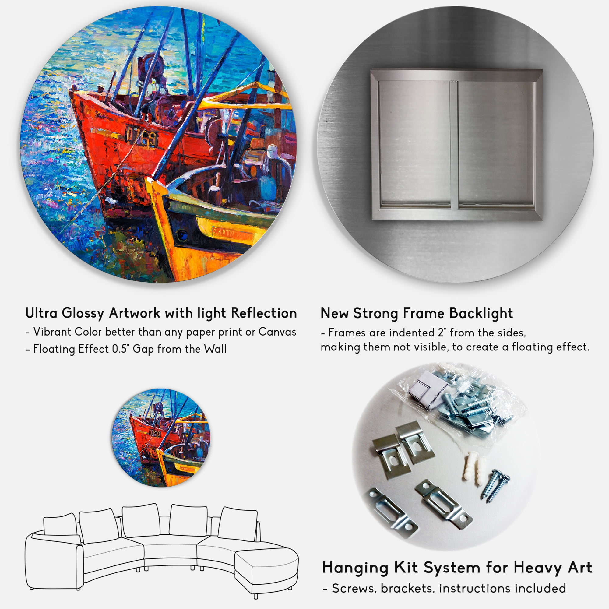 Designart 'Boats During Warm Sunset Resting On The Water VII' Nautical & Coastal Circle Metal Wall Art 29x29 - Disc of 29