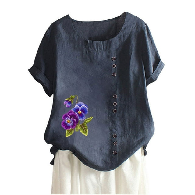 Birdeem Blouses pour Femmes Haut Décontracté en Coton et Lin Imprimé Manches Courtes T-Shirt à Boutons Blouse Tops