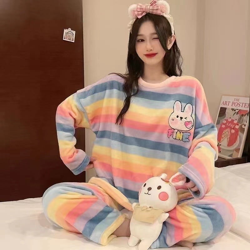 Flannel Pajamas Set for Women Warm Winter Home Clothes Suit Cartoon Sweet Girls Pijama Lounge Students Ladies Sleepwear Pyjama Walmart