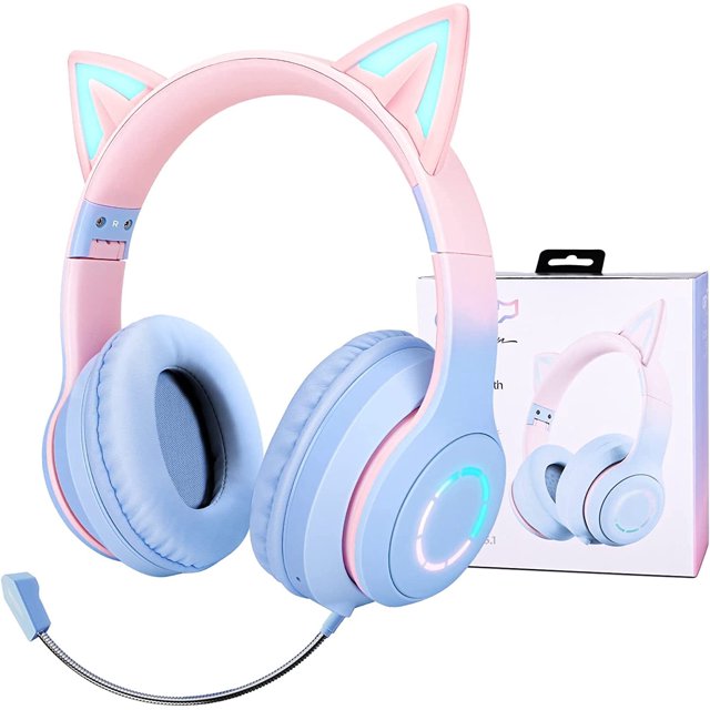 Auriculares Bluetooth con orejas de gato para niñas, plegables, con cable, micrófono y conector de 3,5 mm, diadema ajustable, inalámbricos para tableta/PC, color rosa