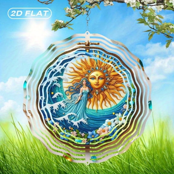HELLOYOUNG 2D Flat Wind Chime Bohemian Sun Lady Metal Suncatcher Stained Glass Garden Patio Outdoor Decor Ornament