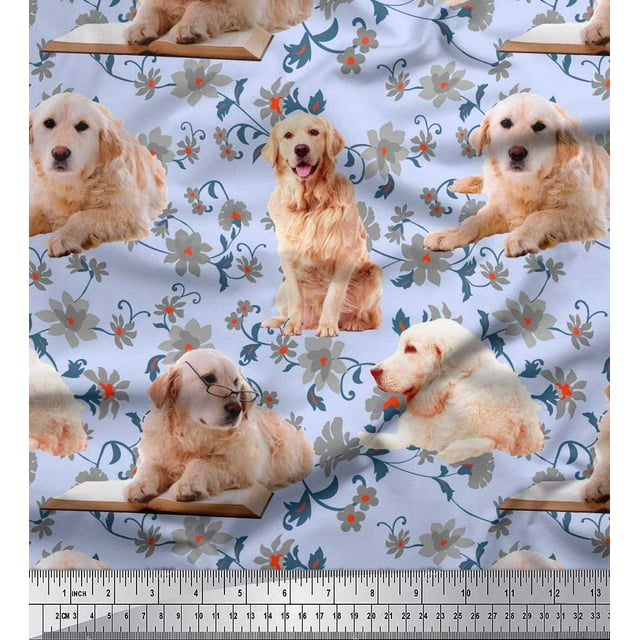Soimoi Modal Satin Fabric Floral,Book & Golden Retriever Dog Decor Fabric Printed Yard 42 Inch Wide