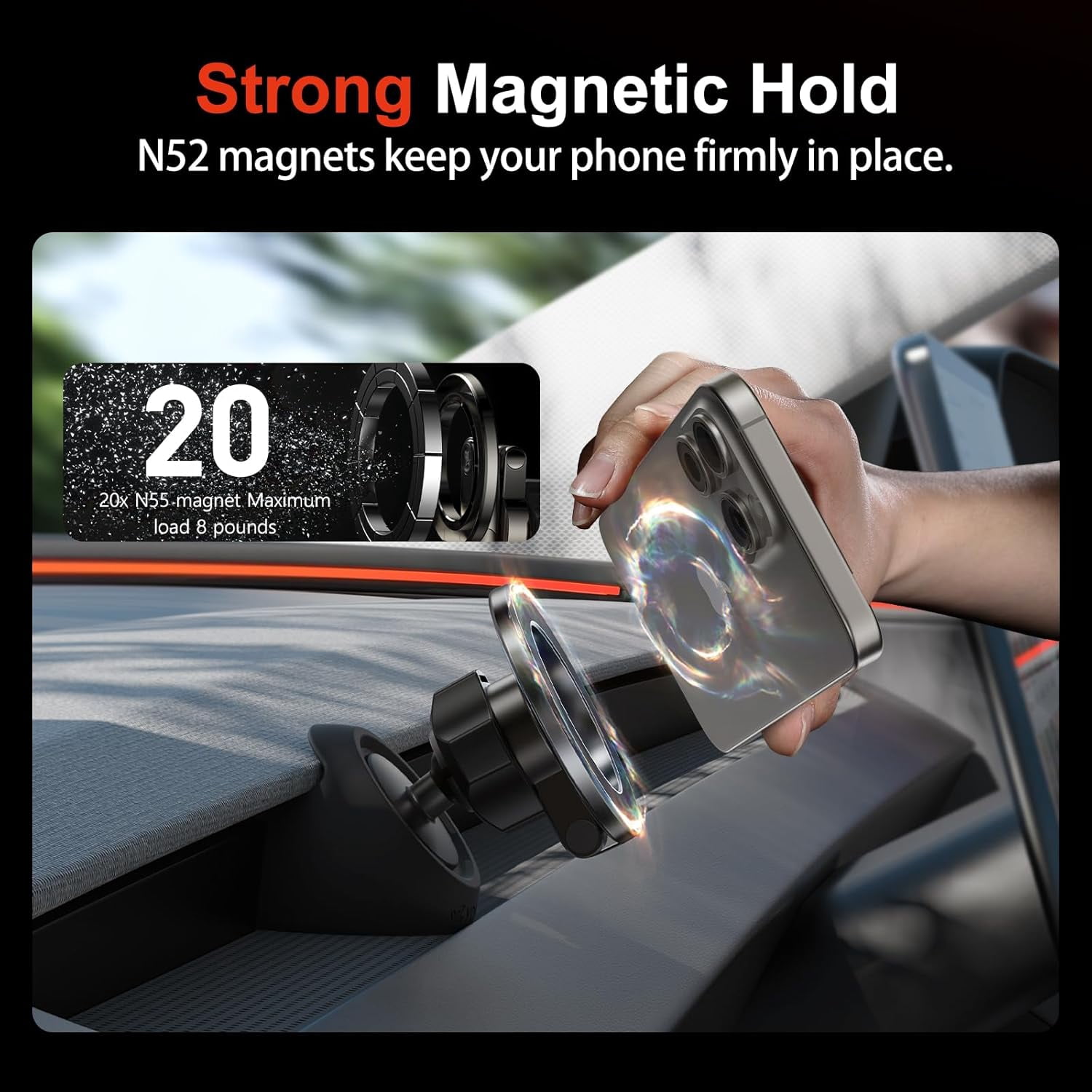 MJMJ Magnetic Phone Mount Compatible with 2025-2026 Model Y Juniper and 2024-2026 Tesla Model 3 Highland, Dashboard Ball Joint Base, Strong Magnetic Ring, 360° Rotation