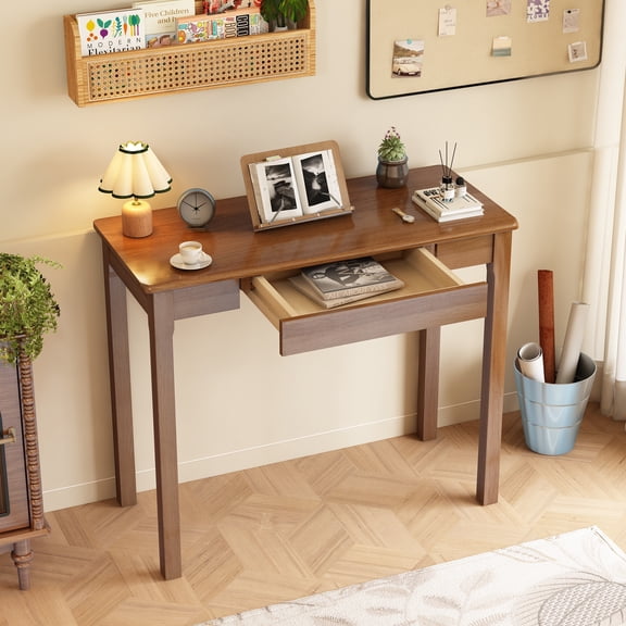 BESKADI Solid Wooden Desk with Drawers - 36 x 16 Inch Narrow Desks for Small Spaces, Rubberwood Mid Century Modern Desks, Simple Vintage Study Table, Small Writing Desk for Bedroom - Walnut Color