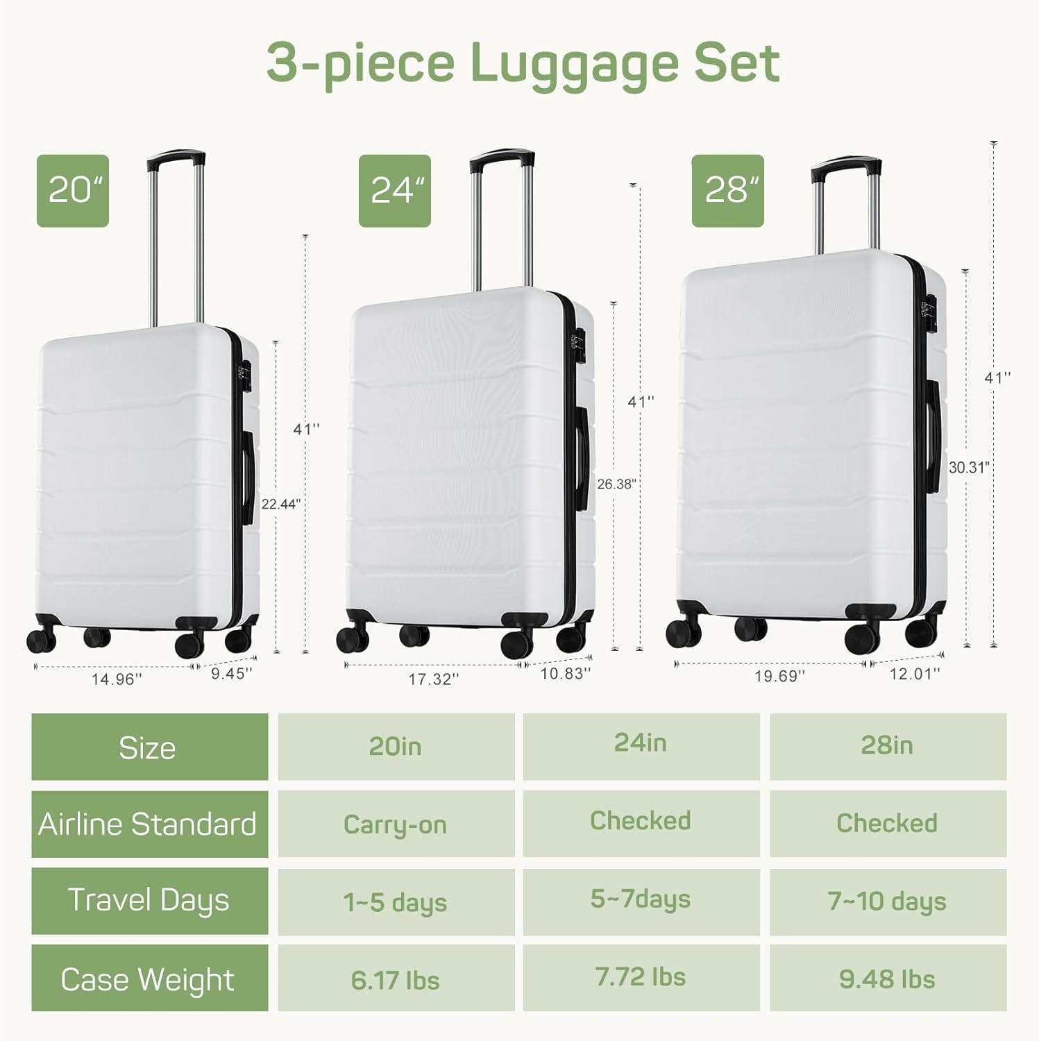 Bigleap 20 Inch Carry-On Luggage, Hard Shell Rolling Suitcase with TSA Lock, Lightweight Luggage with Spinner Wheels, White
