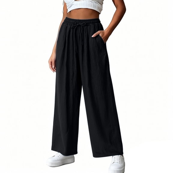 Npasoilc Wide Leg Pants for Women Flowy Palazzo Plus Size Sweatpants Drawstring Elastic Waist Trousers with Pockets,Black