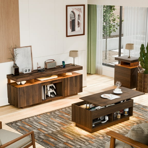 Hommpa LED Coffee Table and TV Stand Set, Modern Entertainment Center for up to 70" TVs, Lift Top Coffee Table with Hidden Compartment, Walnut Finish