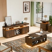 Hommpa LED Coffee Table and TV Stand Set, Modern Entertainment Center for up to 70" TVs, Lift Top Coffee Table with Hidden Compartment, Walnut Finish