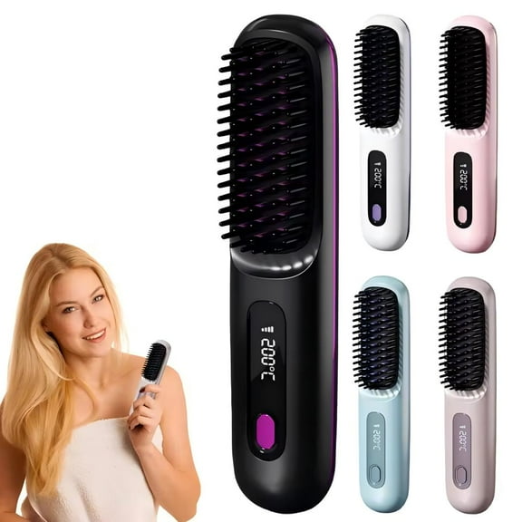 Cordless Negative Ion Hair Straightener Brush, Portable Ceramic Ionic Technology for Travel, LCD Display, Fast USB Charging, Anti-Scald Safety, Includes Hair Clips, Purple