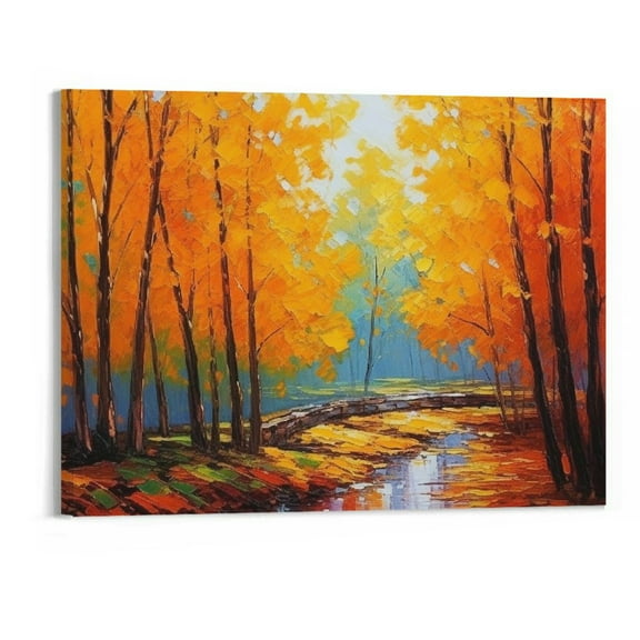 JRXY Framed Autumn Maple Leaves Canvas Wall Art Fall Tree Forest Field Landscape Painting Canvas Prints 20x16 Inch 20x16in