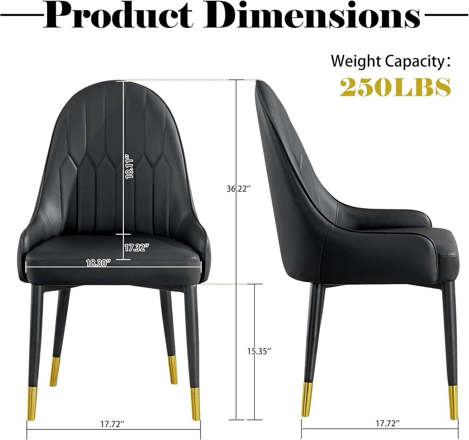 2-Piece Dining Chairs Set, Black PU Faux Leather Upholstery with Metal Frame, Modern Design for Kitchen, Living Room, Office