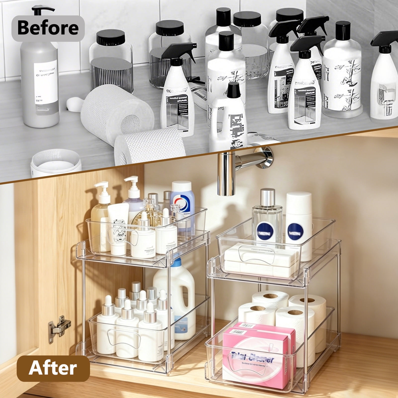 Kisportee 2 Pack Under Sink Organizer, 2 Tier Pull-Out Bathroom Organizers and Storage,  Kitchen Cabinet Organizer for Pantry, Kitchen