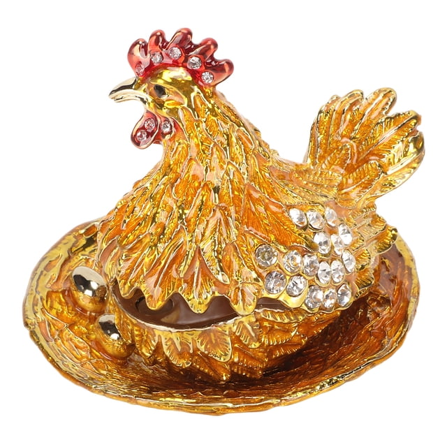 Hen Figurine Trinket Boxes, Rhinestones Small Jewelry Box Golden Multipurpose For Office
