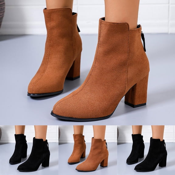 Women's Retro Suede Ankle Boots Almond Toe Chunky Block Heel Back Zipper Short Booties for Business Work