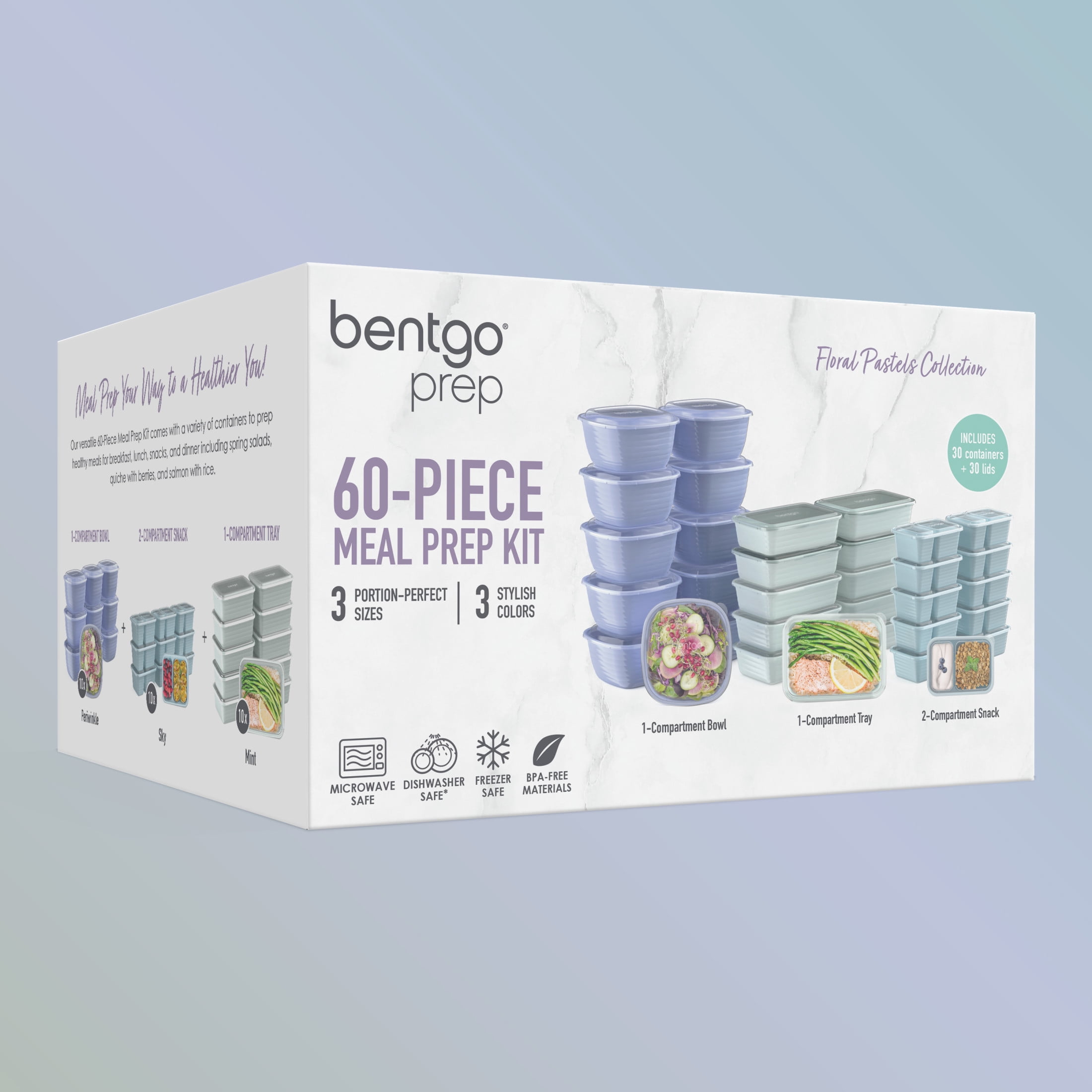 Bentgo Prep 60-Piece Variety Meal Prep Kit - Reusable & BPA-Free Food Containers 1-Compartment Trays, Prep Bowls, & Snack Boxes - Microwave, Freezer, & Dishwasher Safe (Floral Pastels)